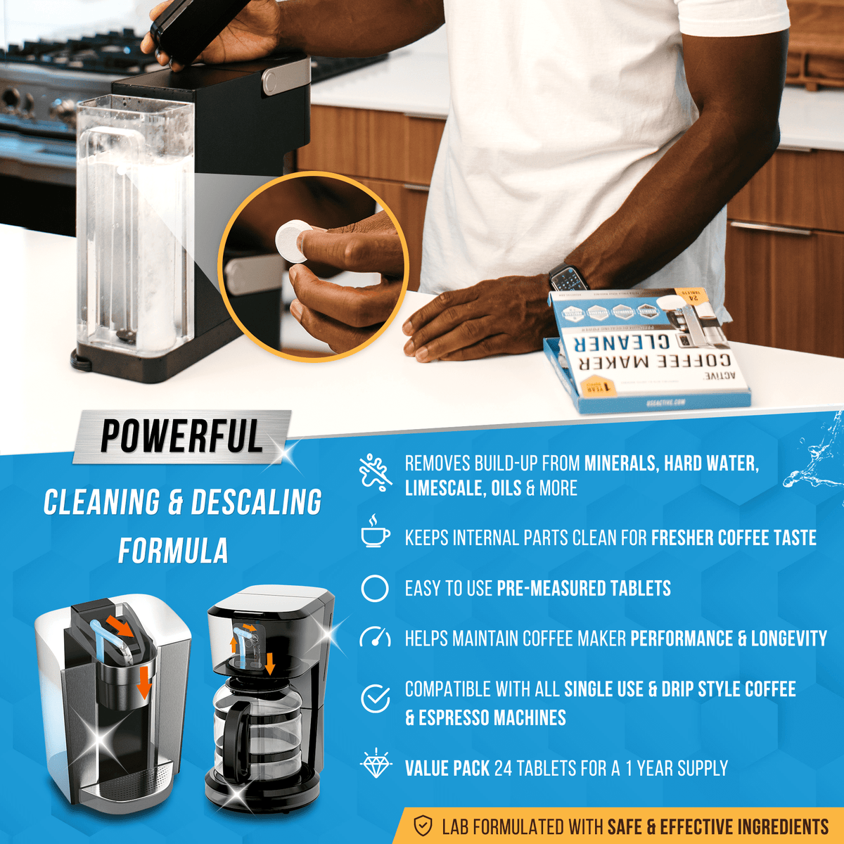 Active Coffee Machine Cleaner and Descaler, (Keurig, Nespresso, Ninja, Espresso), 24 Count, 1 pack
