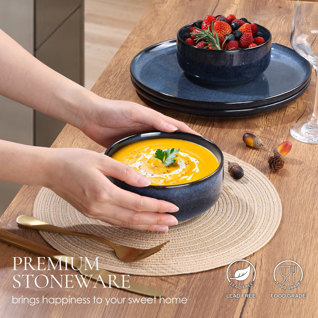 Vesteel Dinnerware Sets for 4, 12-Piece Stoneware Dish and Bowls Set, Handmade Reactive Glaze Coupe Plates Set for Family, Chip & Scratch Resistant - Matte Black