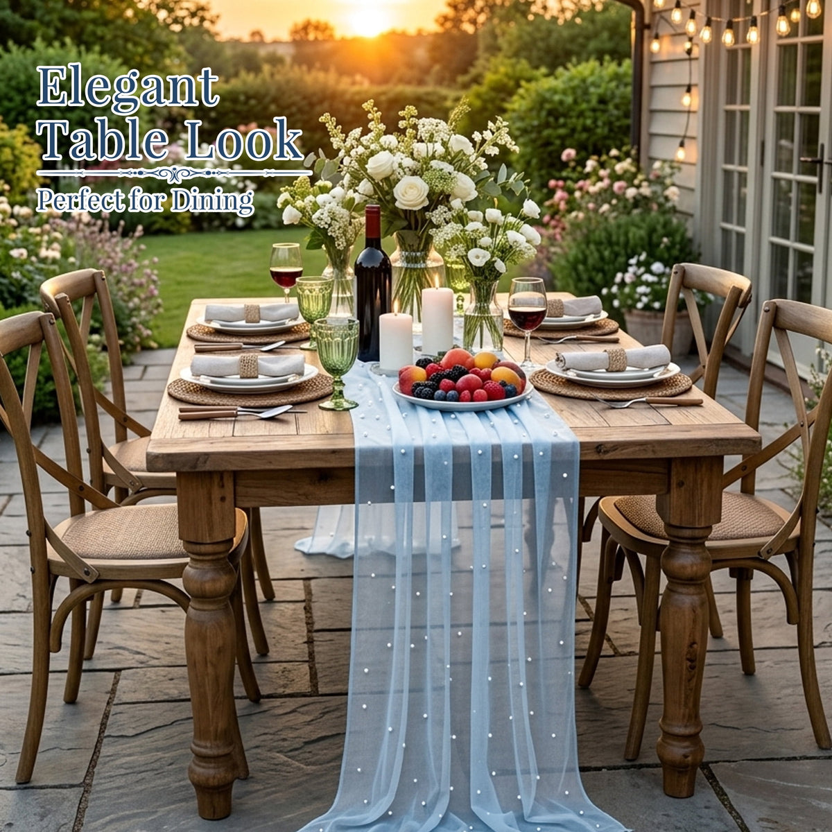 Inosoo Pearl Gauze Table Runner 30x120 inch, 10FT Sheer Tulle Table Decor with Shatterproof Pearls for Wedding Party Dining, White