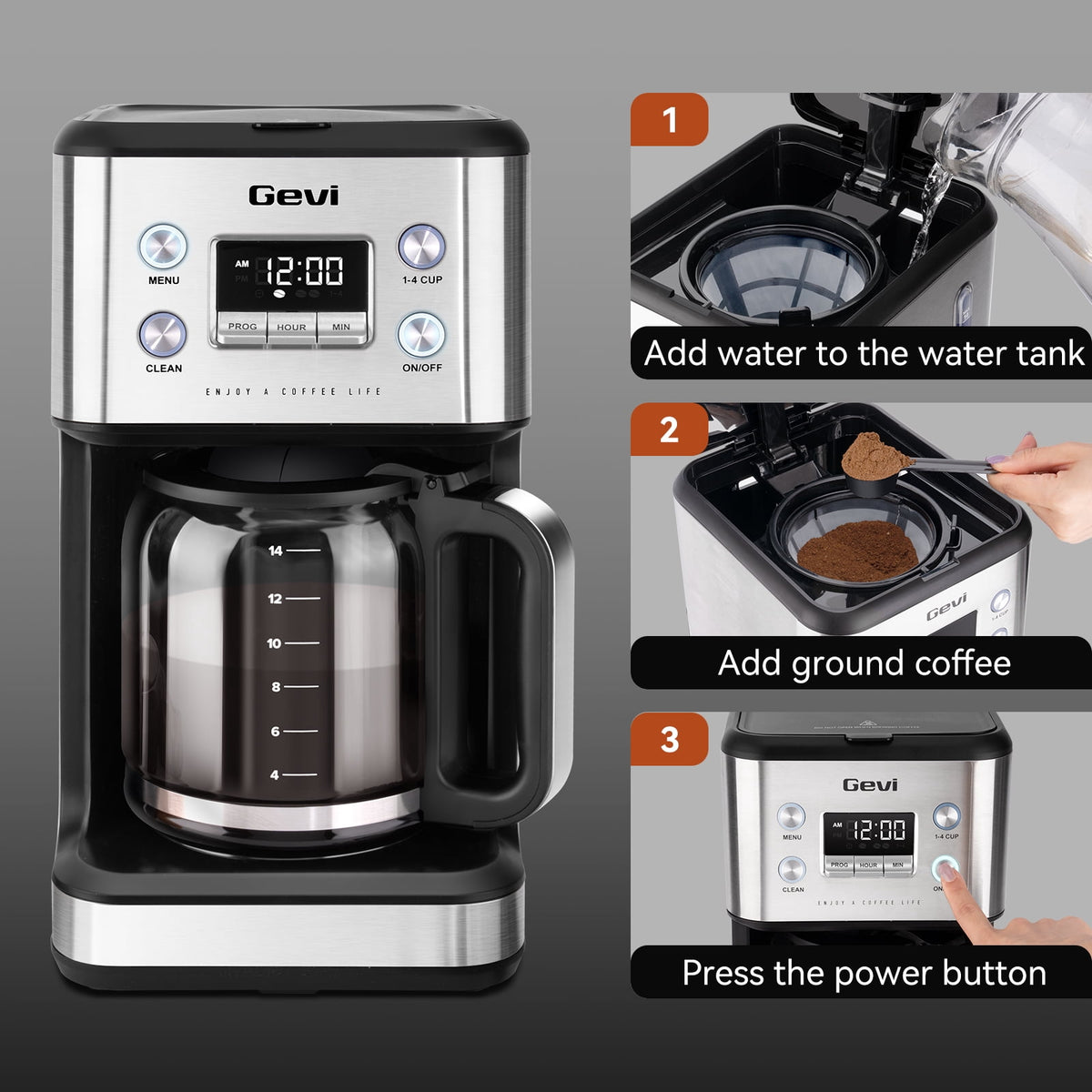 Gevi 14-Cup Programmable Drip Coffee Maker, Stainless Steel Smart Coffee Pot with Touch Control & Automatic Clean, Summer Edition