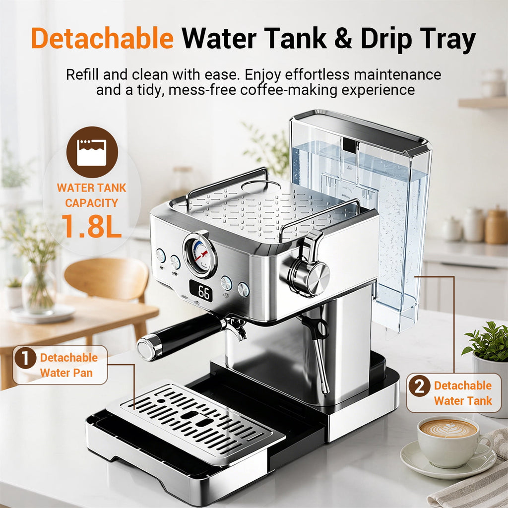 Ecojoy Espresso Machine, Barista Espresso Maker with Steam Wand | LCD Display, Custom Brew Temp, Latte & Cappuccino Machine, 20-Bar Pump, Powerful Steam Wand, 1.8L Removable Water Tank