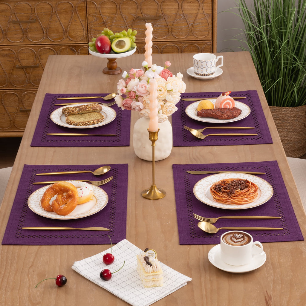 Placemats Set of 4, Yamaziot Double Layer Cloth Fabric Heat Resistant Place Mat, Washable Reversible Rectangle Dining Table Mats, Hollow Khaki, 12"x18"