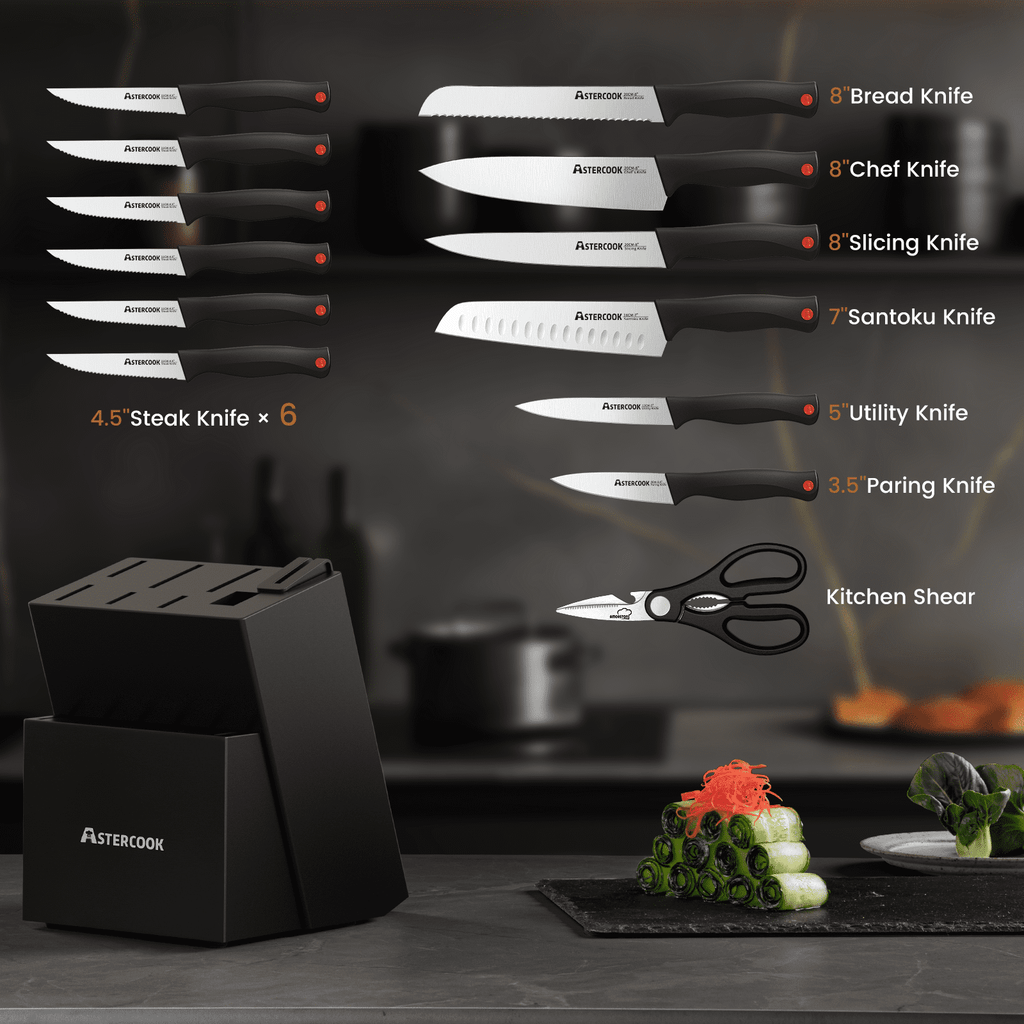 Astercook 15-Piece Kitchen Knife Set, Knives Block Set with Built-in Sharpener, Healthy Anti-Rust Coating & German Stainless Steel Knife Set, Dishwasher Safe Black