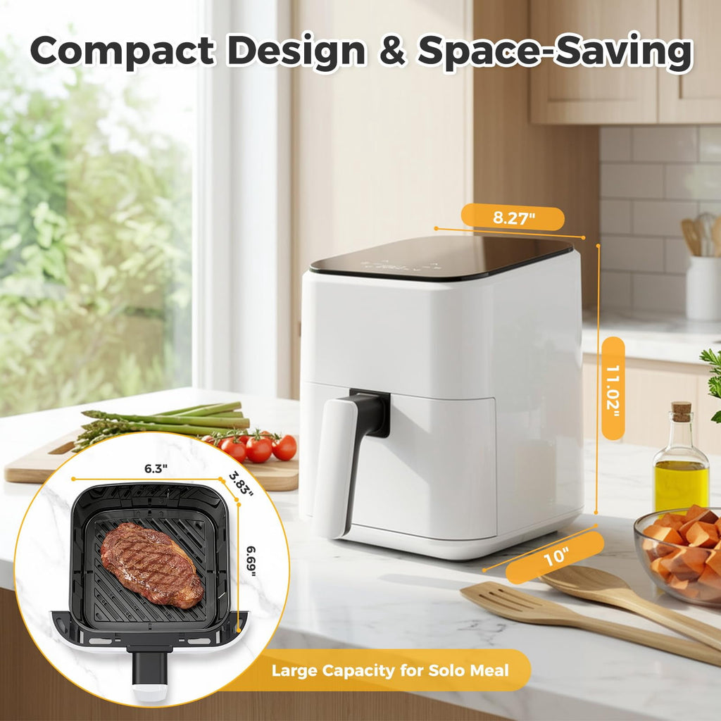 LIFERECORD 3QT Compact Air Fryer, Touch Panel, 800W, 160-400°F, Auto Shut-Off & Overheat Protection, White, for Single/Small Family