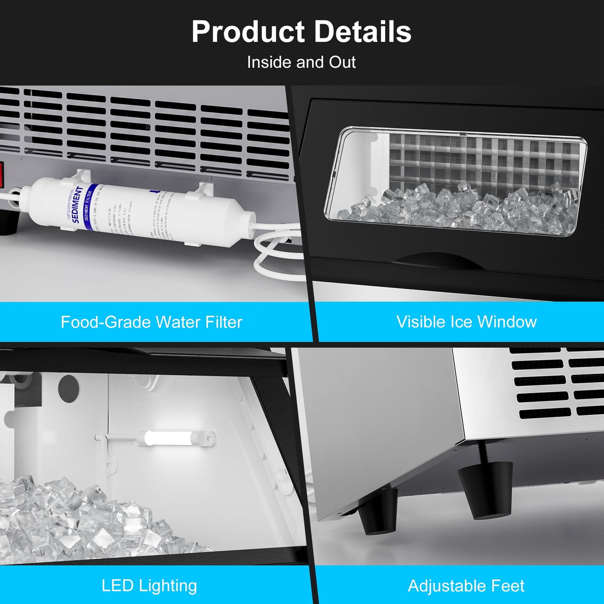 RIOXC Commercial Ice Maker 300LBS/24H, 20" Under Counter Ice Machine with 33LBS Storage Bin for Restaurants/Bars, ETL