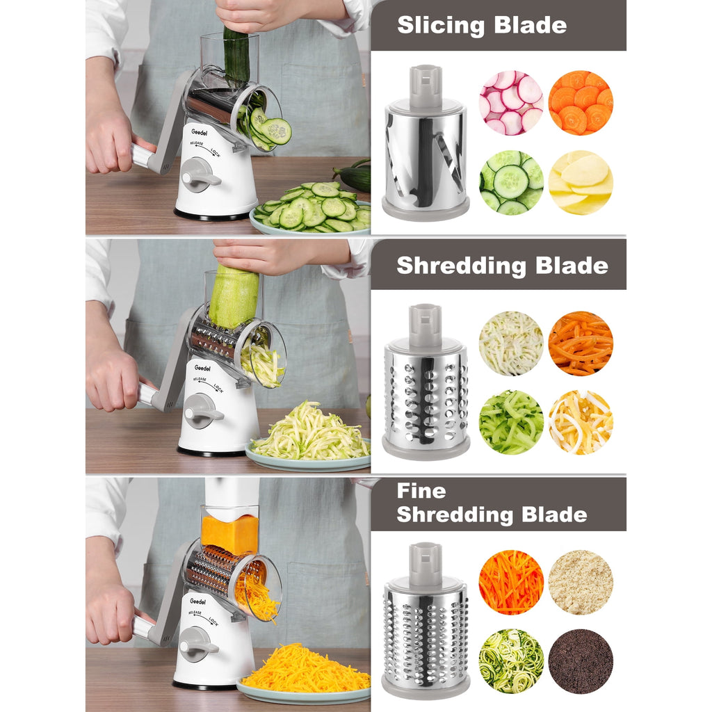 Geedel Rotary Cheese Grater, Kitchen Grater with Strong Suction Base, Dishwasher Safe, Easy to Clean Grater for Cheese,Vegetable, Nuts (3 Blades)