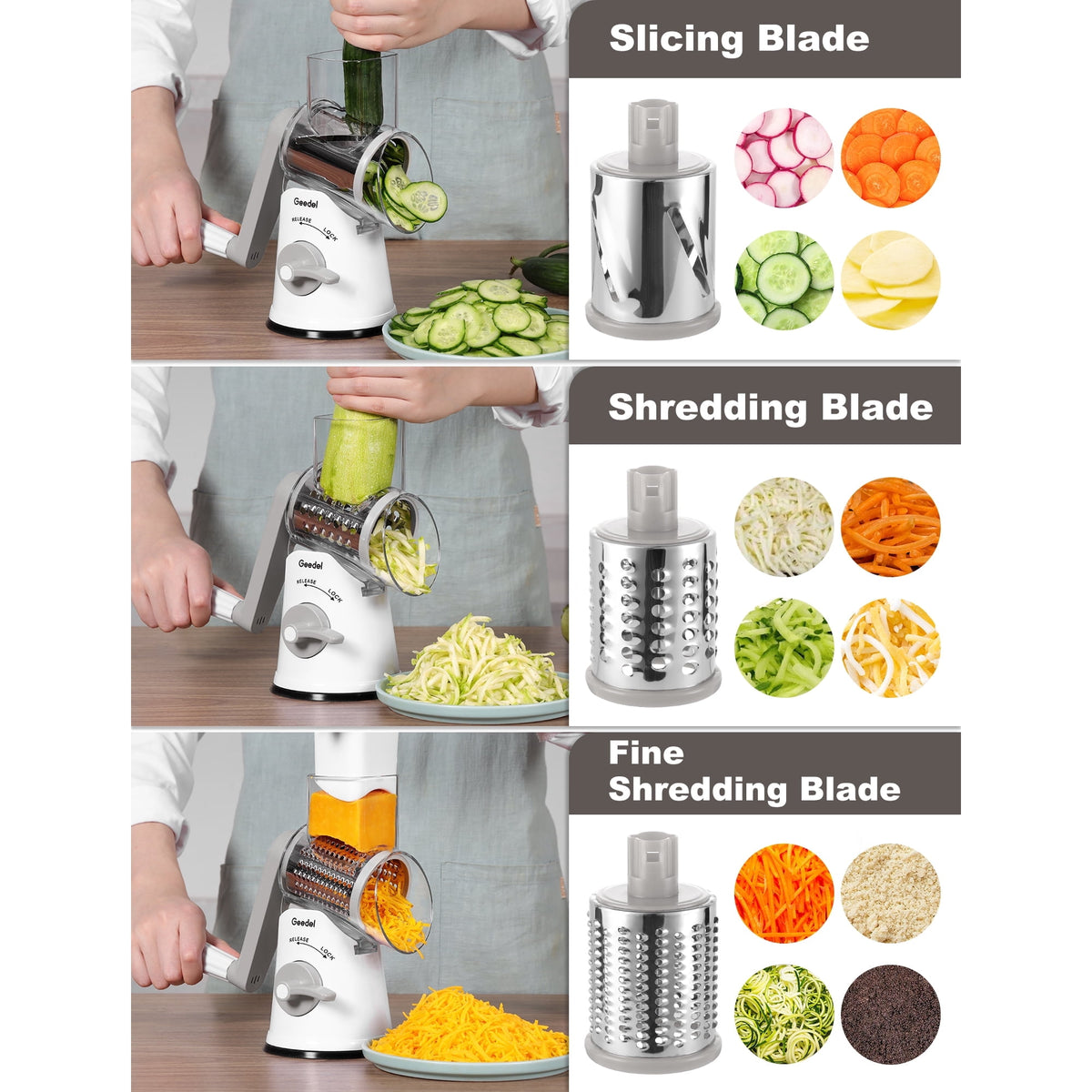 Geedel Rotary Cheese Grater, Kitchen Grater with Strong Suction Base, Dishwasher Safe, Easy to Clean Grater for Cheese,Vegetable, Nuts (3 Blades)