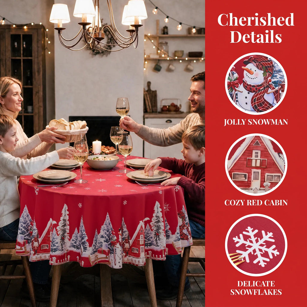 LUSHVIDA Christmas Tablecloth Rectangle, Winter Snowman House Christmas Trees Red Washable Table Cover for Party Picnic Dinner Decor, 60" x 84"