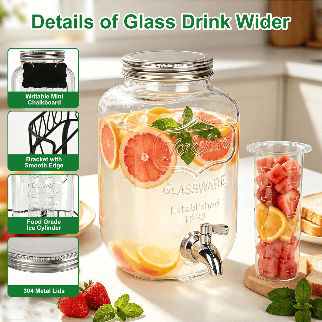 1 Gallon Glass Drink Dispensers for Parties, TAIMASI 2 Pack Beverage Dispenser with Stand & Stainless Steel Spigot, Leakproof Lemonade Drink Dispenser for Sun Tea, Homemade Juice