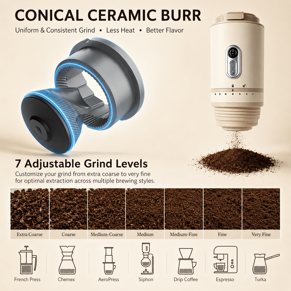 Fatomal Portable Coffee Maker, Travel Coffee Maker with Electric Grinder, Cordless Mini Coffee Machines with Insulated Mug for Travel, Camping, Car, White
