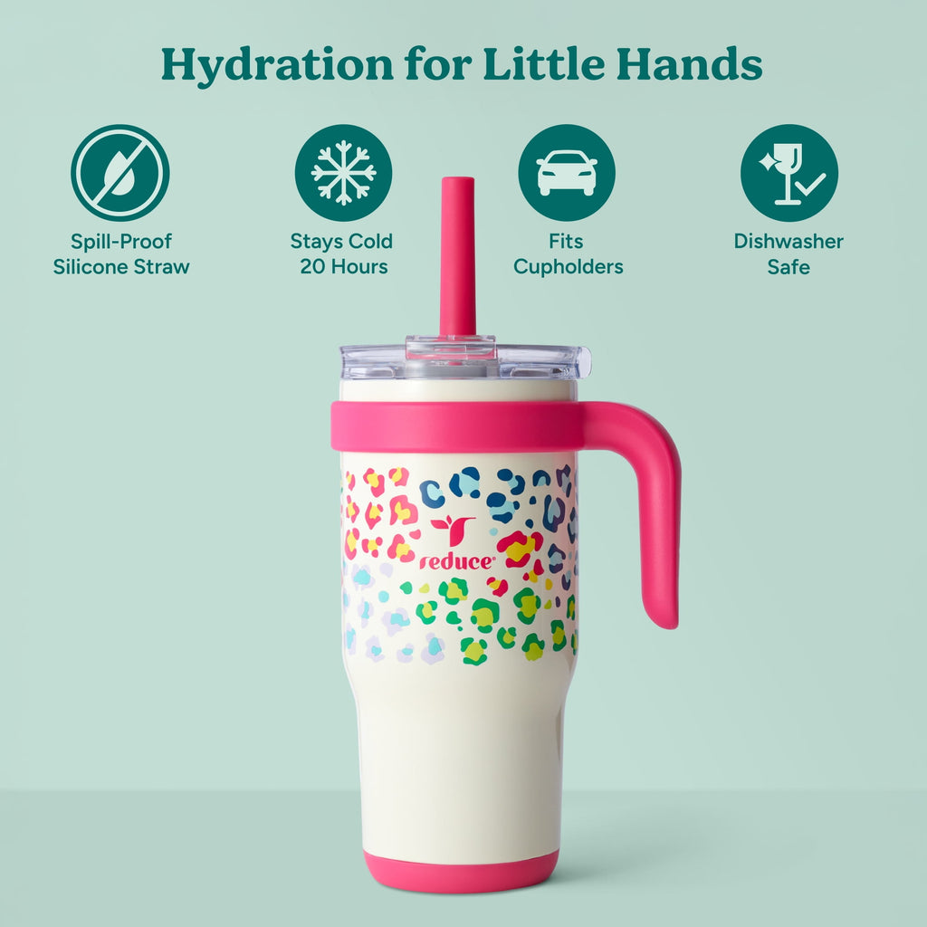 Reduce Coldee Kids Insulated Tumbler with Straw, 18oz Stainless Steel Spill-Proof Cup with Handle, Smiles