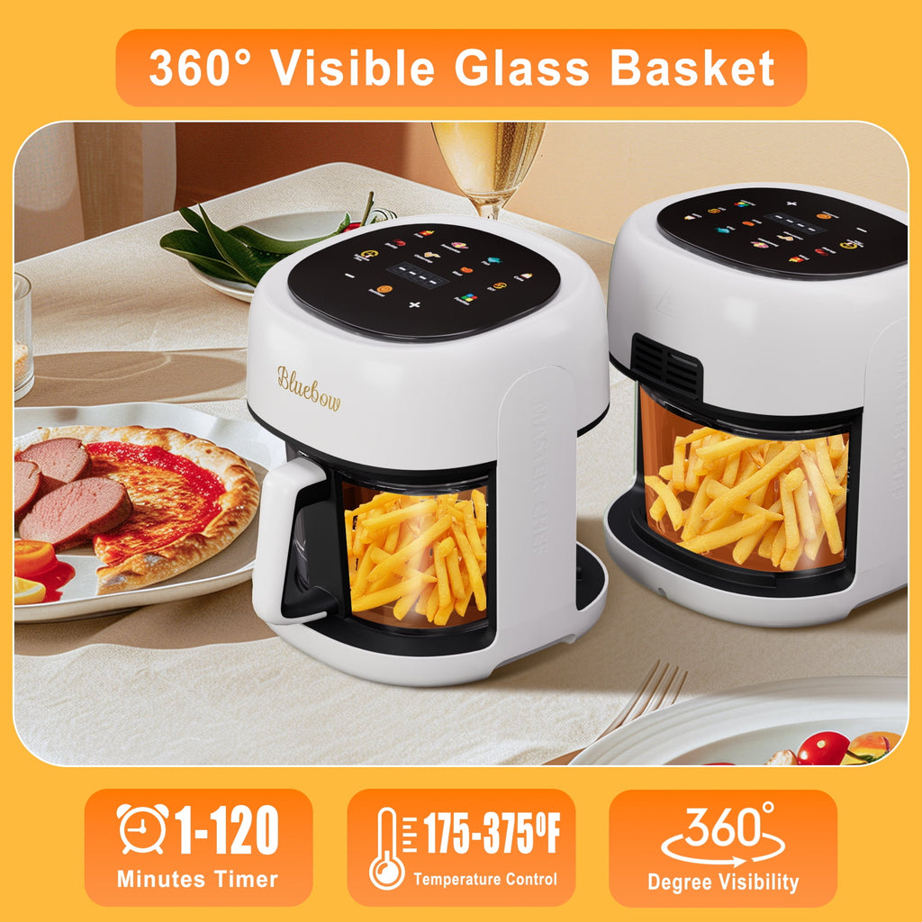 Bluebow 5 Quart Air Fryer with 360° Viewing Glass Pot, 8-in-1 Digital Touchscreen, Nonstick & Dishwasher Safe Basket, Less Oil, 1350W (White)