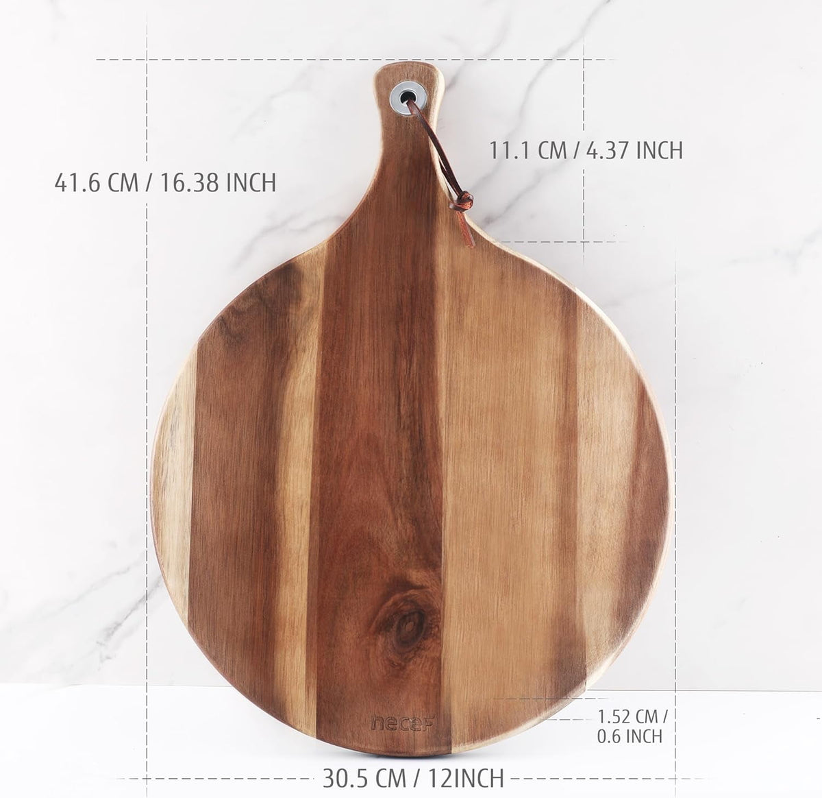 Hecef 12in Round Charcuterie Board with Handle, Acacia Wood Cutting Board Cheese Serving Tray for Pizza Fruits Cheese Bread