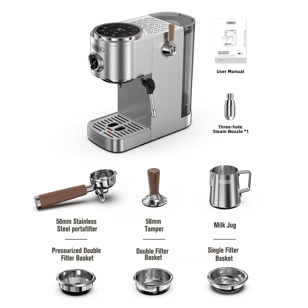 HiBREW H13 Semi-Automatic Espresso Maker - 6 Programmable Drink Modes, 1.3L Water Tank & Adjustable Pre-Infusion