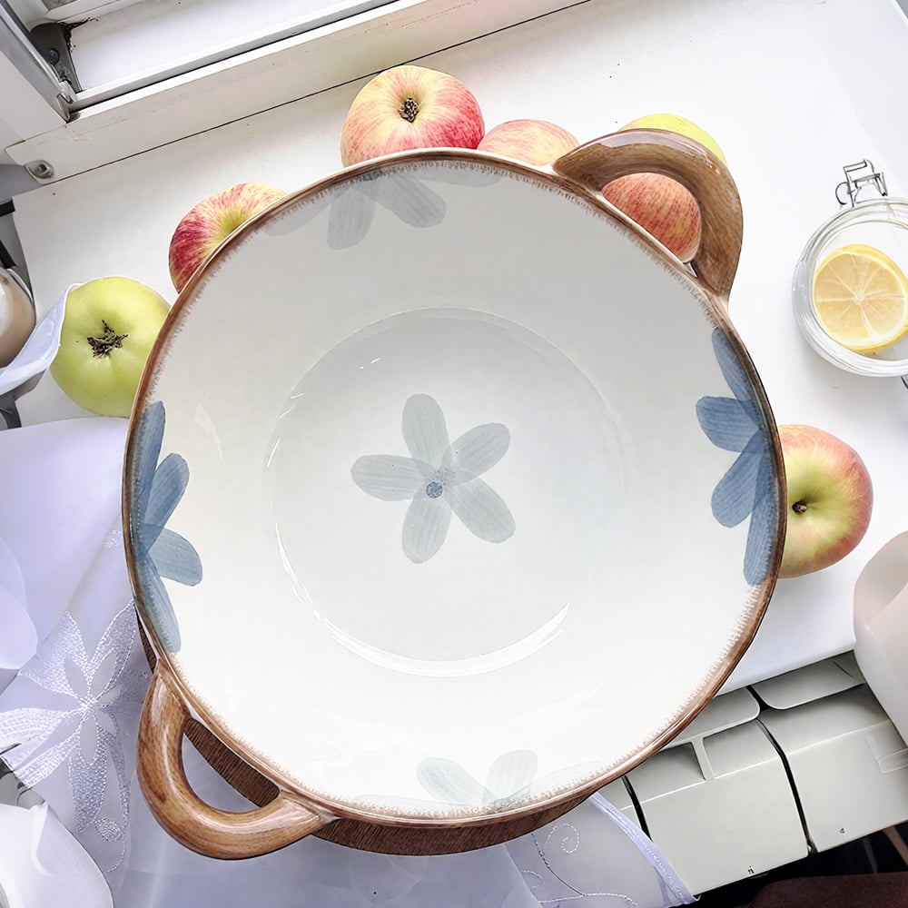 Large Salad Serving Bowl 50oz Deep Pasta Bowl Ceramic Soup Bowl with Handle for Entertaining Fruit Ramen,Decorative Cereal Crock Porcelain Dinnerware
