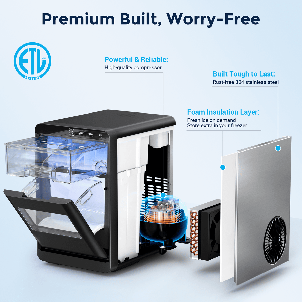 Snowyermine Nugget Ice Maker Countertop, 44 lbs per Day, Soft, Chewable Sonic-Style Pebble Ice, One-Touch Self-Cleaning, Stainless Steel, Black, for Home, Kitchen, Office, RV and Camping