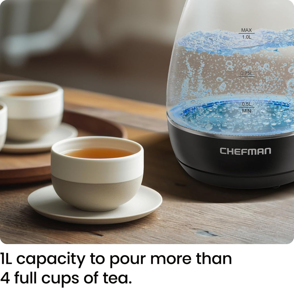 Chefman 1L Electric Glass Kettle w/ LED Indicator Light, Automatic Shutoff - Black