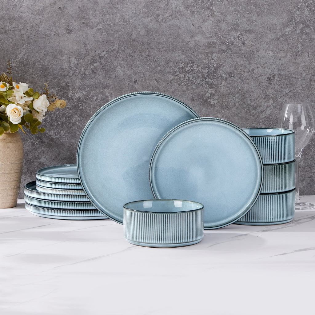 Vesteel 12 Pieces Dinnerware Set for 4, Premium Stoneware Ribbed Dishes, Chip & Scratch Resistant Plates and Bowls Set for Home Restaurant, Microwave and Dishwasher Safe - Speckled White
