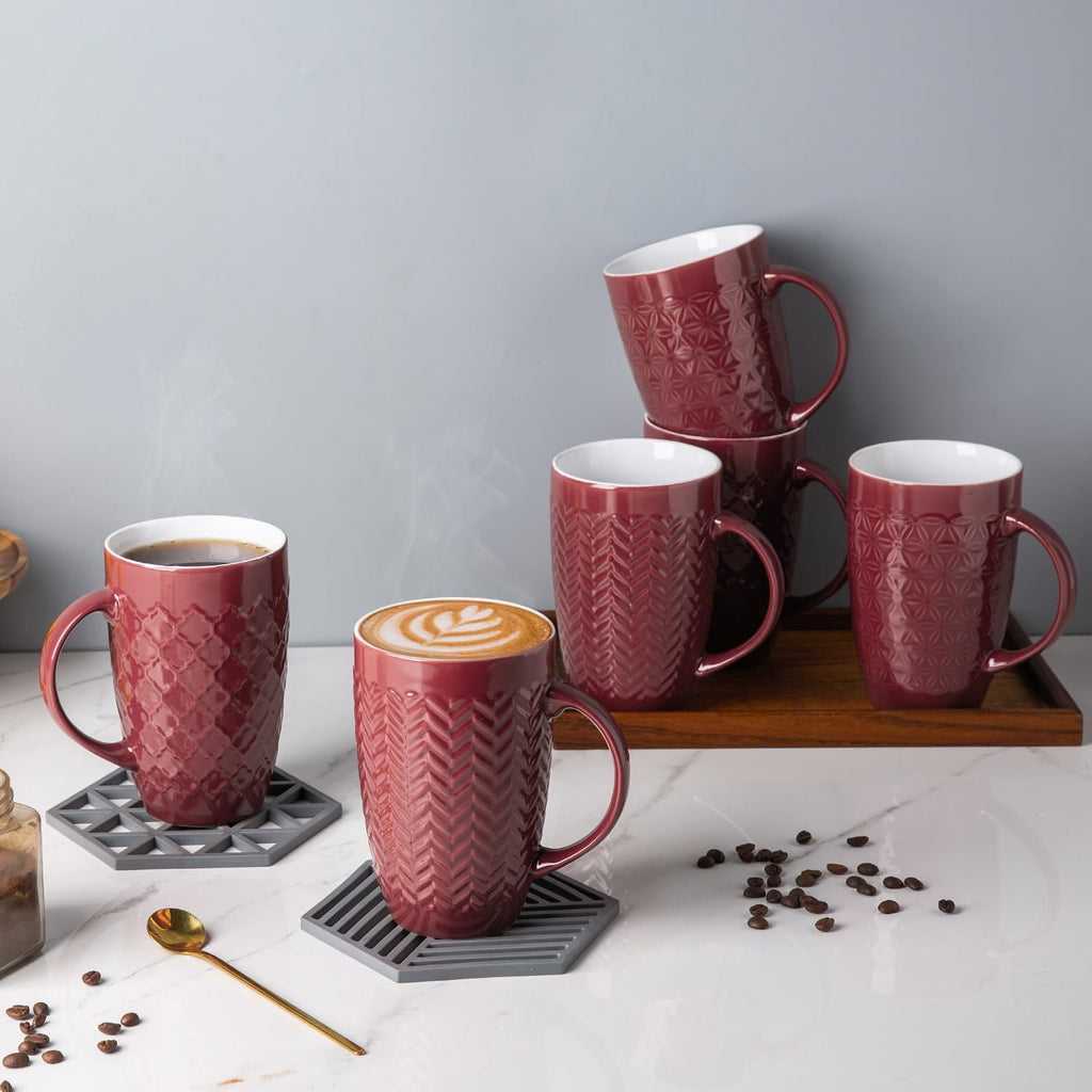 AmorArc Extra Large Coffee Mugs Set of 6, 20oz Ceramic Tall Coffee Mugs Set with Textured Geometric Patterns for Coffee/Tea/Beer/Hot Cocoa, Dishwasher & Microwave Safe,Beige