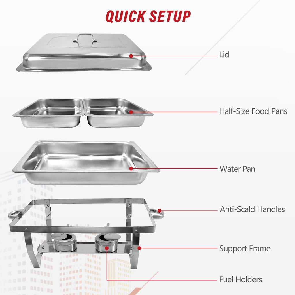 Jacgood 5 Pack Chafing Dish Buffet Set 8Qt. Foldable Rectangular Chafer Set, Stainless Steel Catering Warmer Set W/Full Size Water Pan, Food Pan, Fuel Holder for Cooked Food Insulation