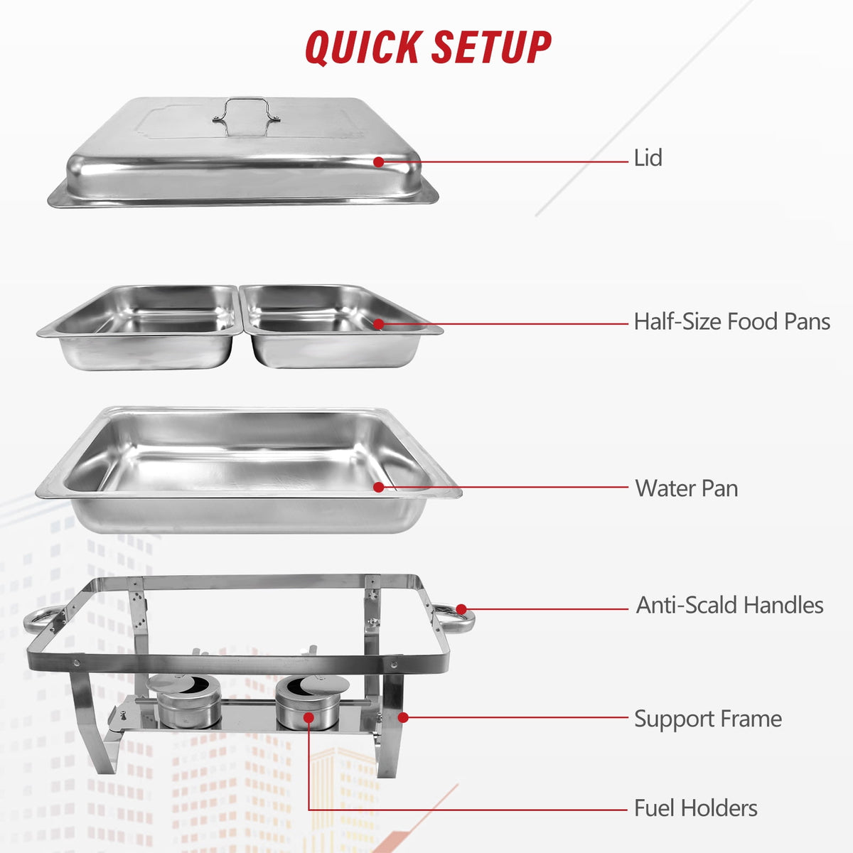 Jacgood 5 Pack Chafing Dish Buffet Set 8Qt. Foldable Rectangular Chafer Set, Stainless Steel Catering Warmer Set W/Full Size Water Pan, Food Pan, Fuel Holder for Cooked Food Insulation