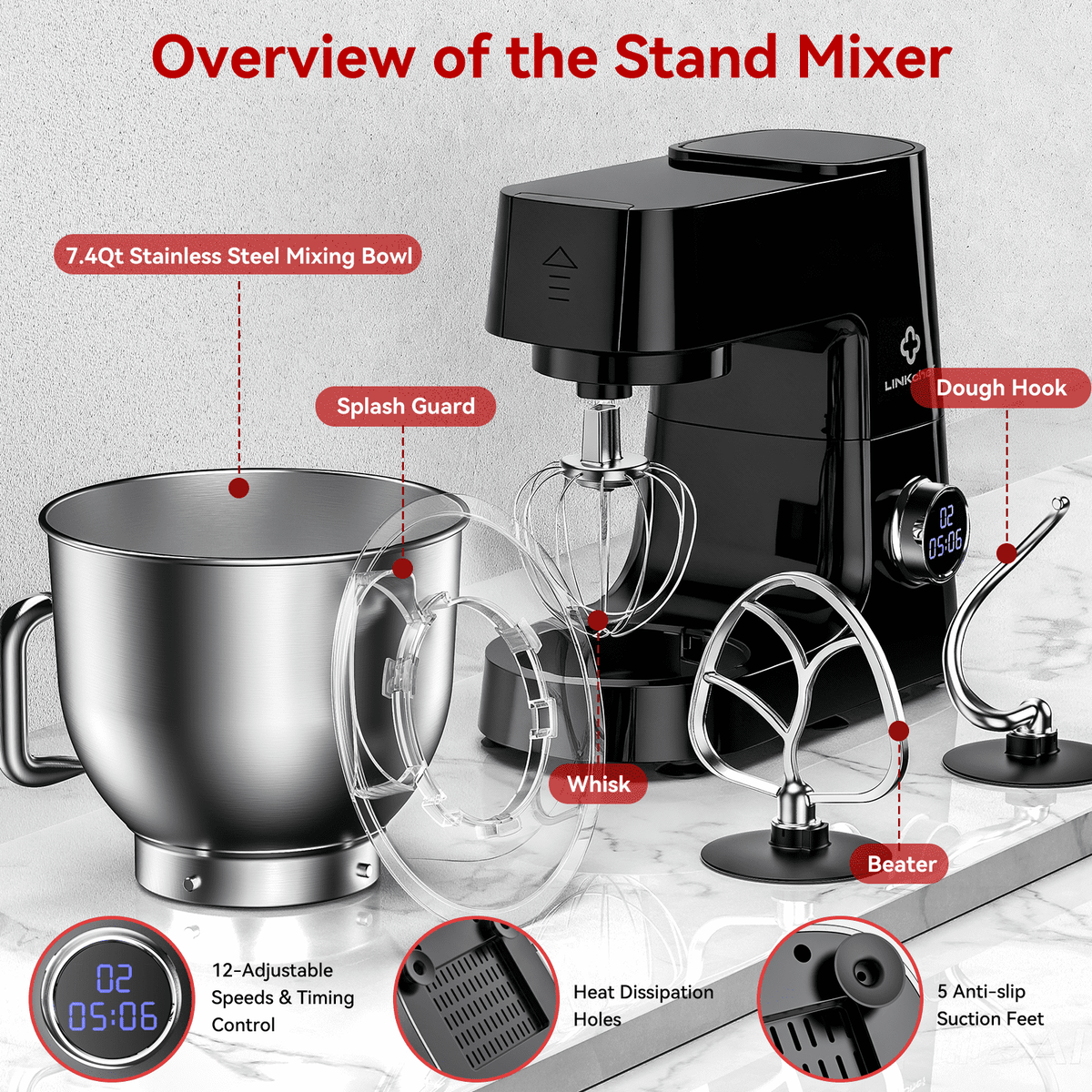 LINKChef 7.5 QT Stand Mixer, 800W 12-Speed Tilt-Head Food Mixer, Kitchen Electric Mixer with Dough Hook, Wire Whip & Beater