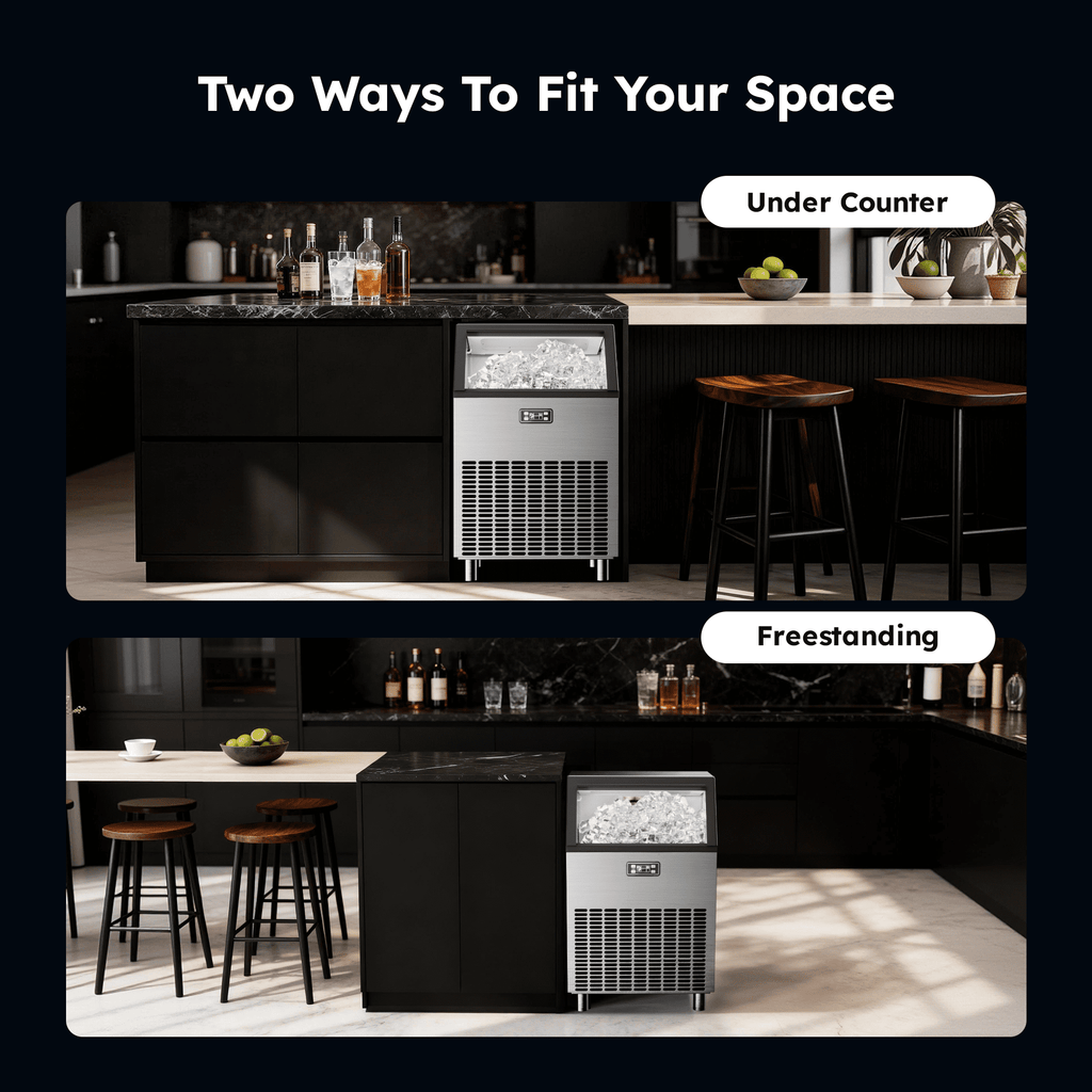 Simzlife Commercial Ice Maker, 100 Lbs/24H, Freestanding or Built-In, 33 Lb Storage Bin, Stainless Steel Ice Machine