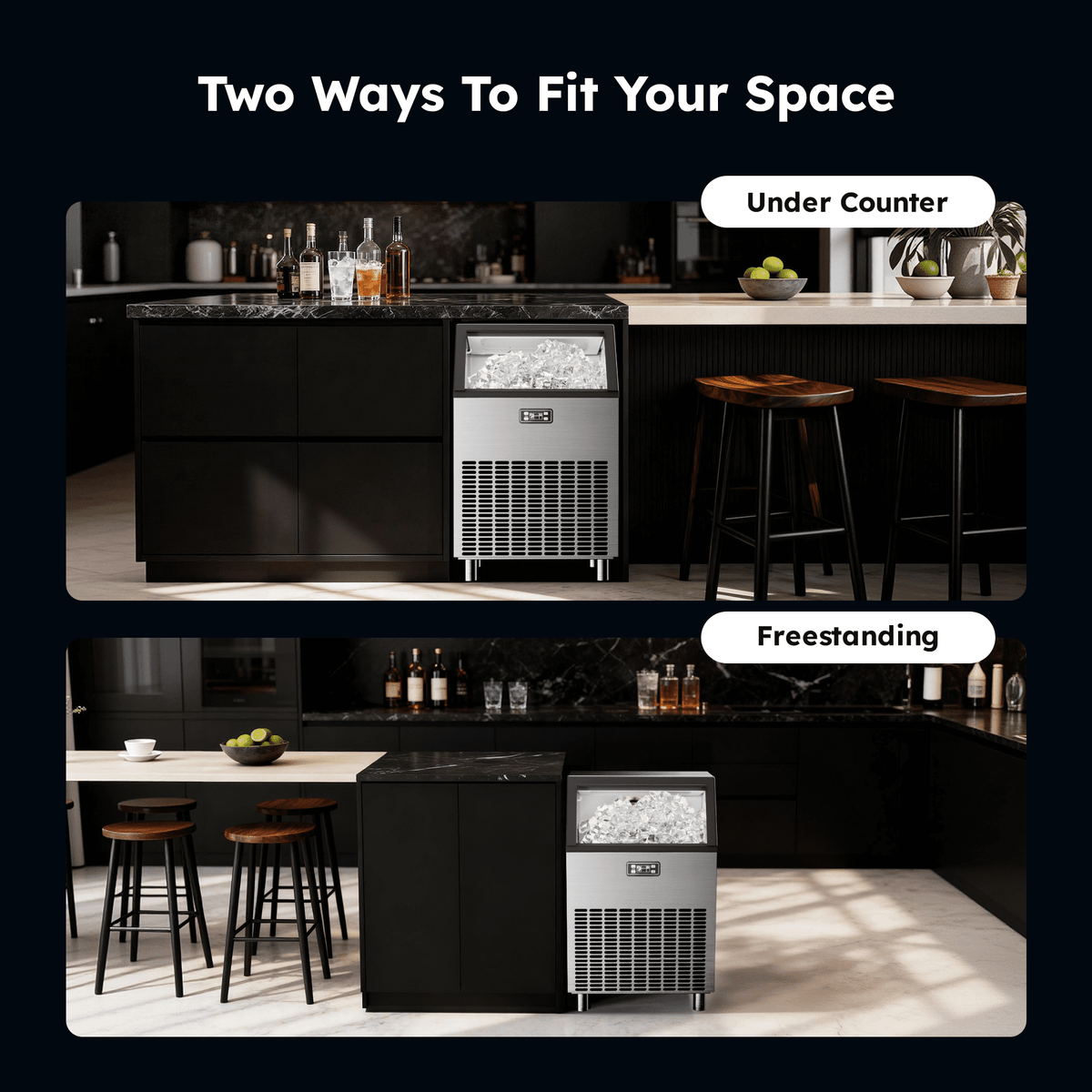 Simzlife Commercial Ice Maker, 100 Lbs/24H, Freestanding or Built-In, 33 Lb Storage Bin, Stainless Steel Ice Machine