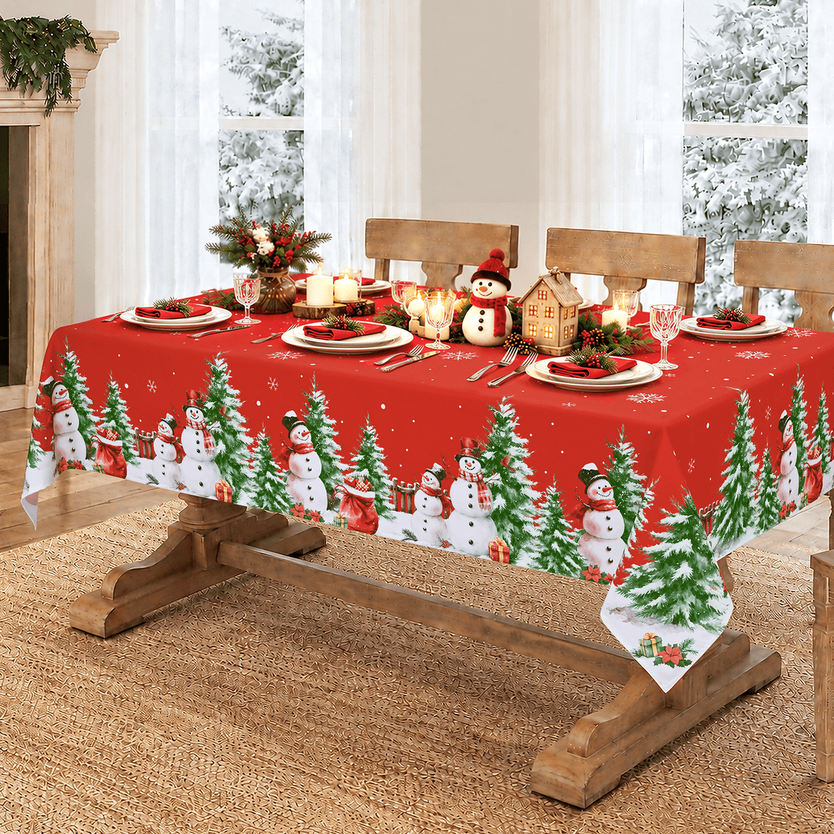 Yastouay Christmas Tablecloth Snowman Table cloth Blue Rectangle Table Cover for Xmas Dinner Party, 60" x 84"