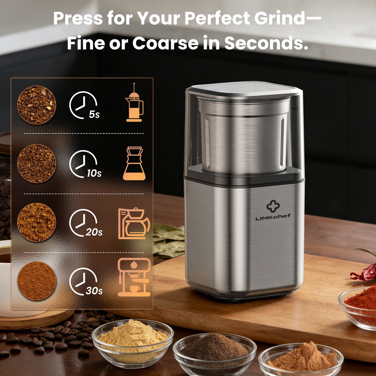 LINKChef Coffee Grinder, Coffee Bean Grinder, Spice Grinder with Stainless Steel Four Blades Perfect for Coffee Beans, Spice, Tea (Black)