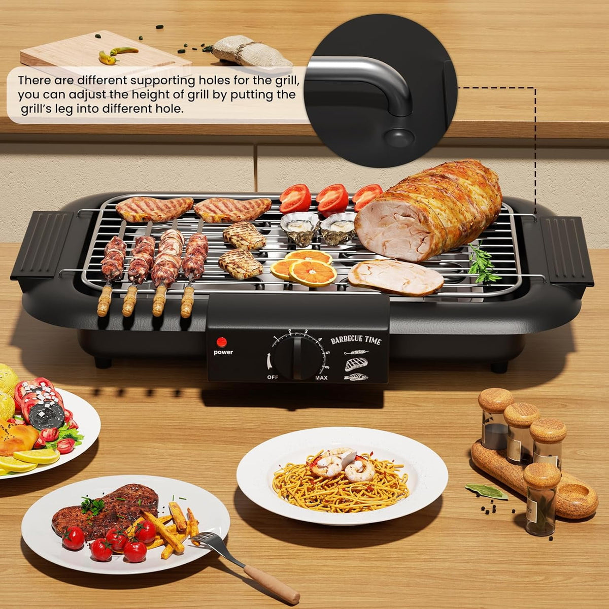LASIEYO Electric Smokeless Grill, Non-Stick BBQ Grill Indoor Outdoor Barbecue Grill, Adjustable Temperature Control High Power Portable Removable Stand Grill for Cooking BBQ Party, Black