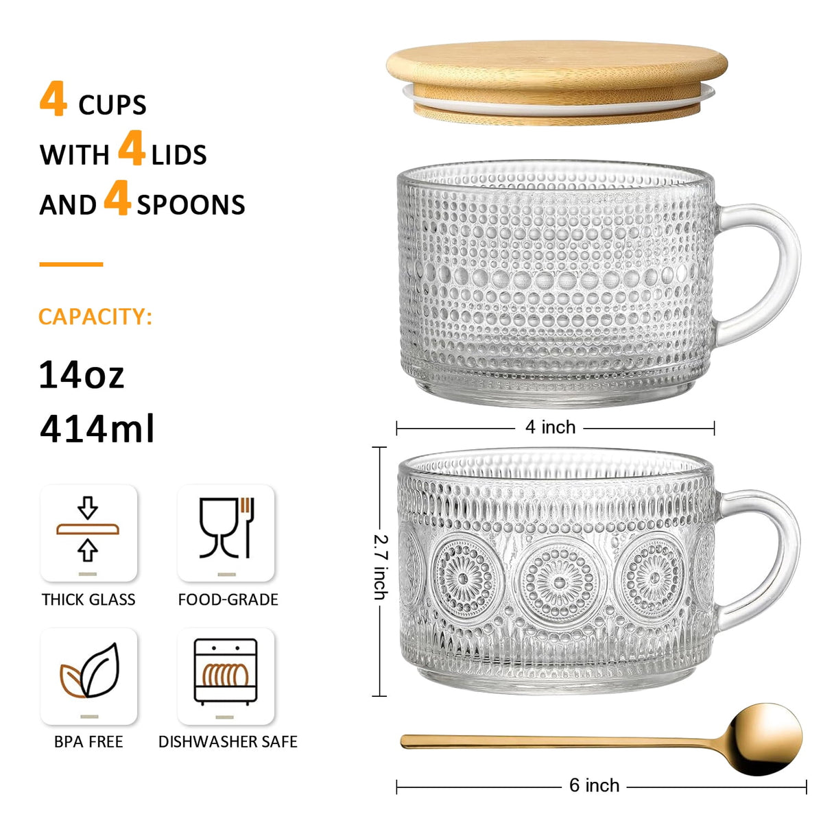 TINANA Vintage Coffee Mugs: 4 pack Clear Embossed Glass Cups, 14oz Overnight Oats Containers with Bamboo Lids and Spoons, Cute Coffee Bar Accessories, Iced Coffee Glasses