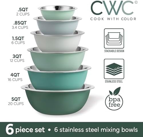 COOK WITH COLOR Mixing Bowls Set of 6, Stainless Steel Mixing Bowls, Metal Nesting Bowls for Kitchen, Sage Green