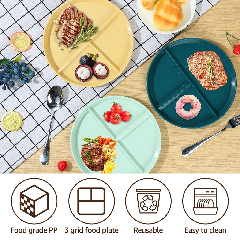 Evjurcn 6Pcs Divided Dinner Plates 3 Compartment Unbreakable Dinner Diet Plates Stackable Portion Control Dish Reusable Divider Plates Microwave Dishwasher Safe for Kids Adults Seniors