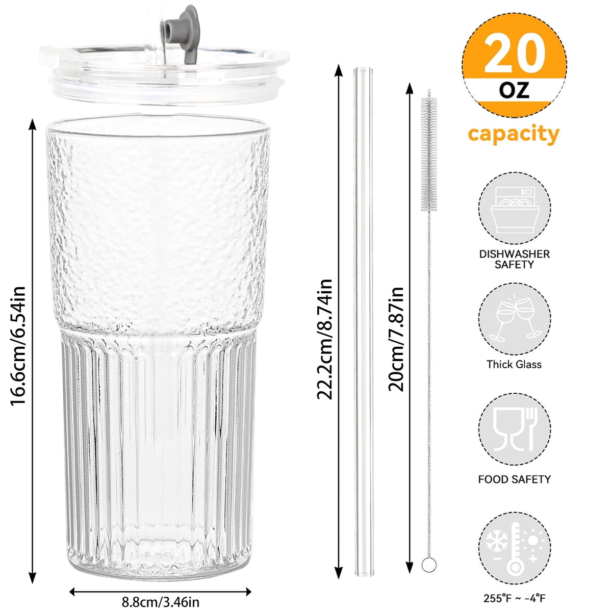 2 Piece 20 oz Glass Cups with Lid and Straw,High Borosilicate Tumbler, Iced Coffee Cup, Beer Glasses,Water Smoothie,Clear