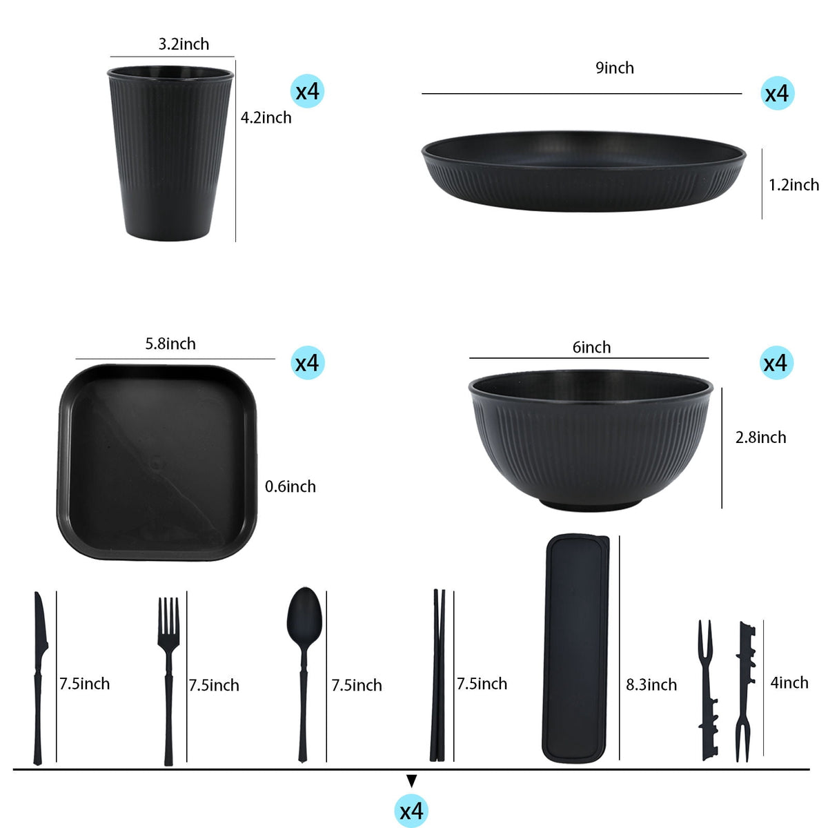 Soulgenix Wheat Straw Dinnerware Set, 48 Piece Plastic Plates and Bowls Sets for Microwave & Dishwasher Safe, Unbreakable Reusable Dish Set for Home, Dorm, Picnic, Black