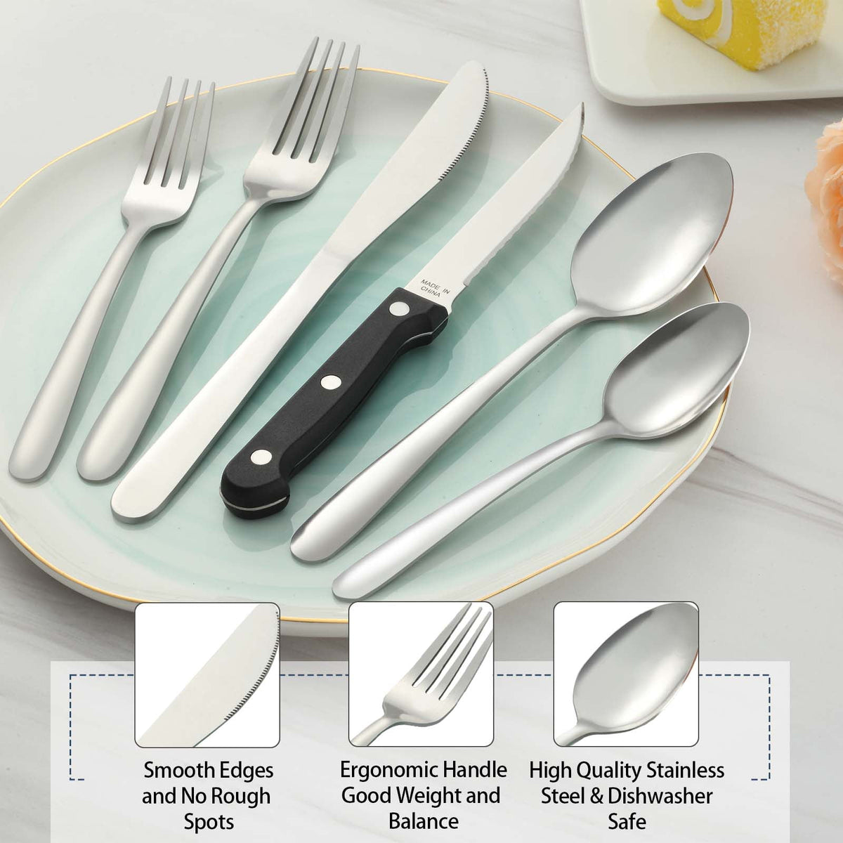 Bestdin 24 Pieces Silverware Set, Flatware Sets with Steak Knives Service for 4, Premium Stainless Steel Mirror Polished Cutlery Utensil Set, Durable Home Kitchen Eating Tableware Set,Dishwasher Safe