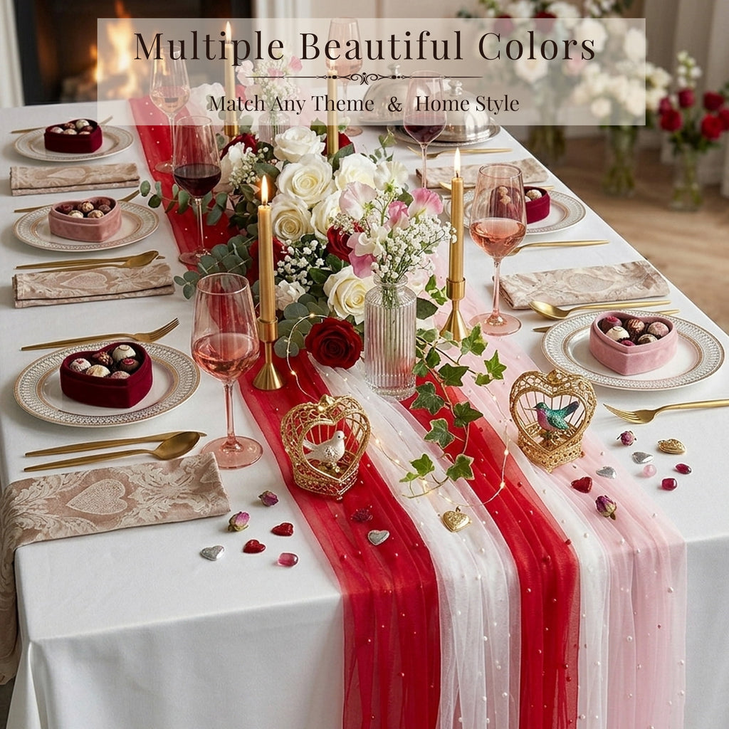 Inosoo Pearl Gauze Table Runner 30x120 inch, 10FT Sheer Tulle Table Decor with Shatterproof Pearls for Wedding Party Dining, White