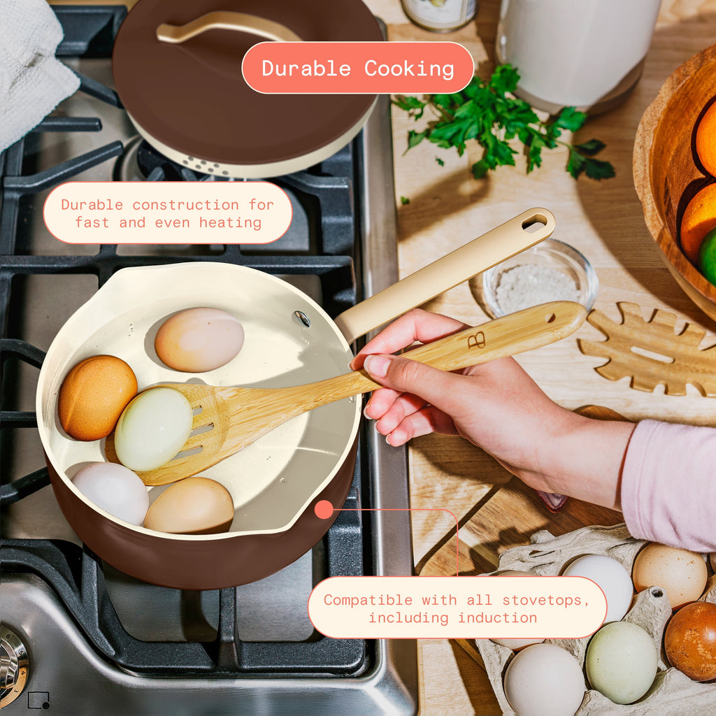Beautiful 12-Piece Cookware Set, Pots and Pans with Strainer Lids and EverGood Ceramic Nonstick Coating, White Icing by Drew Barrymore