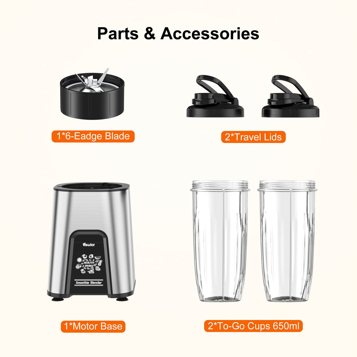 Smoothie Blender for Shakes and Smoothies, Blenders for Kitchen, Protein Drinks, Personal Blender with 2 * 22Oz Smoothie Cups with Lids