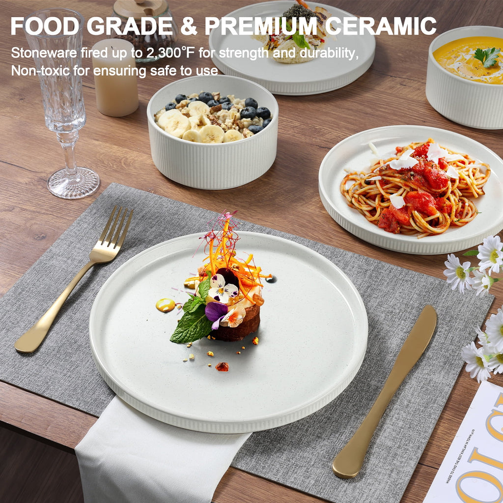 Vesteel 12 Pieces Dinnerware Set for 4, Premium Stoneware Ribbed Dishes, Chip & Scratch Resistant Plates and Bowls Set for Home Restaurant, Microwave and Dishwasher Safe - Speckled White