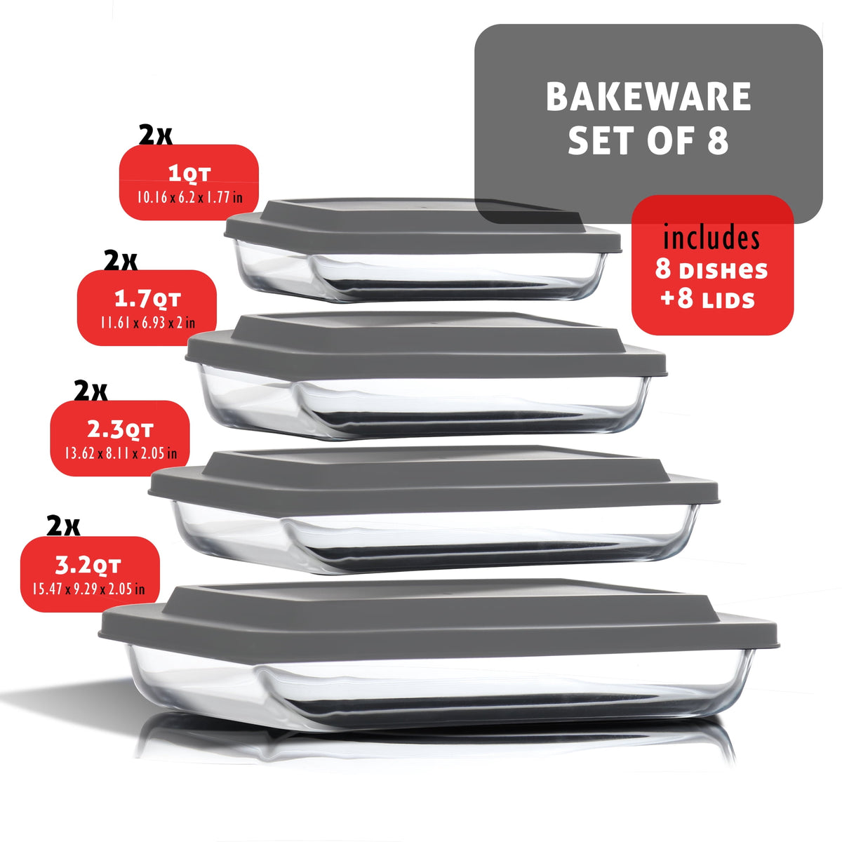 Virtu Casserole Glass Baking Dish, 8pc Stackable Glass Food Storage Containers with Airtight Lids and Grip Handles, Black