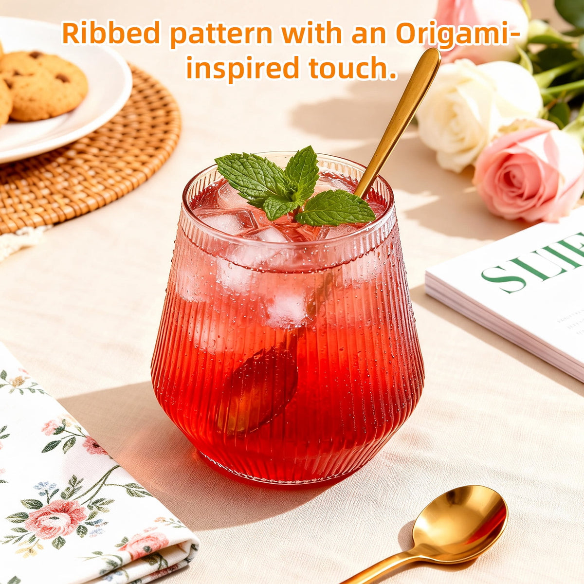 TINANA 12 oz Clear Ribbed Plastic Wine Glasses, 24 PCS Stemless Origami Ripple Disposable Champagne and Whiskey Glasses, Reusable Drinkware for Weddings & Parties