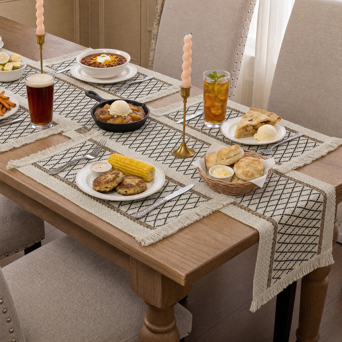 MeyJey Table Runner and Placemats Set of 4, Washable Fabric Rectangle Dining Table Mats with Tassels for Dining Tables, Kitchen, Red/Beige
