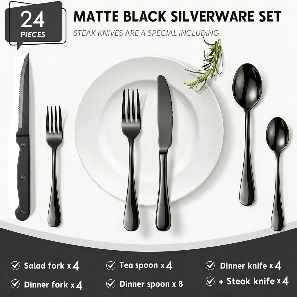 Black Silverware Set with Steak Knives, 24-Piece Flatware Set Service for 4, Thickened Stainless Steel Spoons and Forks Set, Upgraded Rust-Resistant Coating, Dishwasher Safe Cutlery Set for Gifts