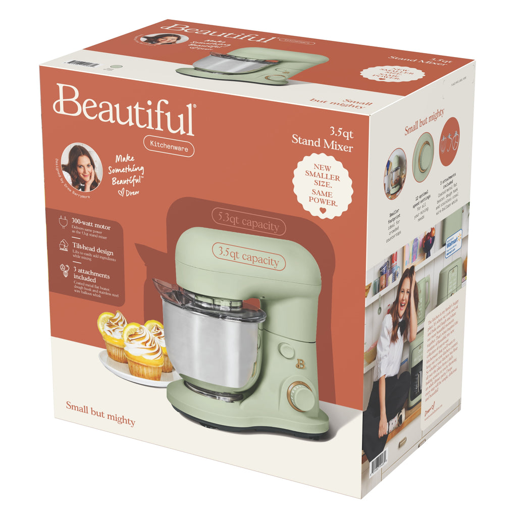 Beautiful 3.5 Qt Stand Mixer with Flat Beater, Dough Hook, Balloon Whisk, Chocolate by Drew Barrymore