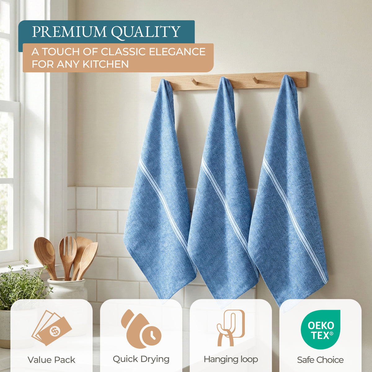 Kitchen Towels Set - 100% Pure Cotton Super Absorbent Hand Towel, Grey Tea Towels, Soft & Durable, Pack of 12 – 15”x25”, Grey Stripe