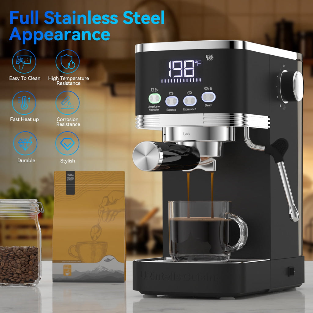 URintells Cuising 20 Bar Espresso Machine with Milk Frother, 1350W Coffee Maker for Americano, Cappuccino, Latte, Stainless Steel