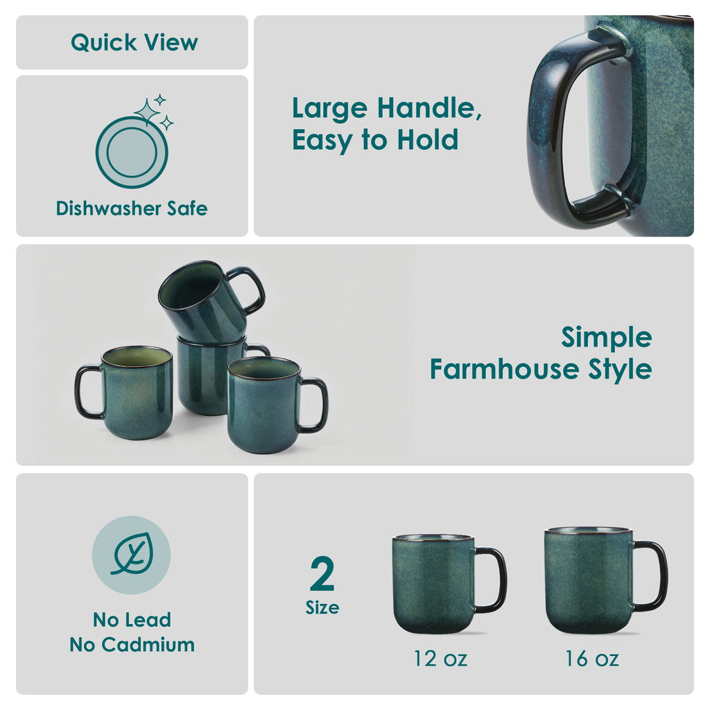 Malacasa Stoneware Coffee Mugs Set, 12 oz Coffee Cups Set of 4, Dishwasher & Microwave Safe, Green