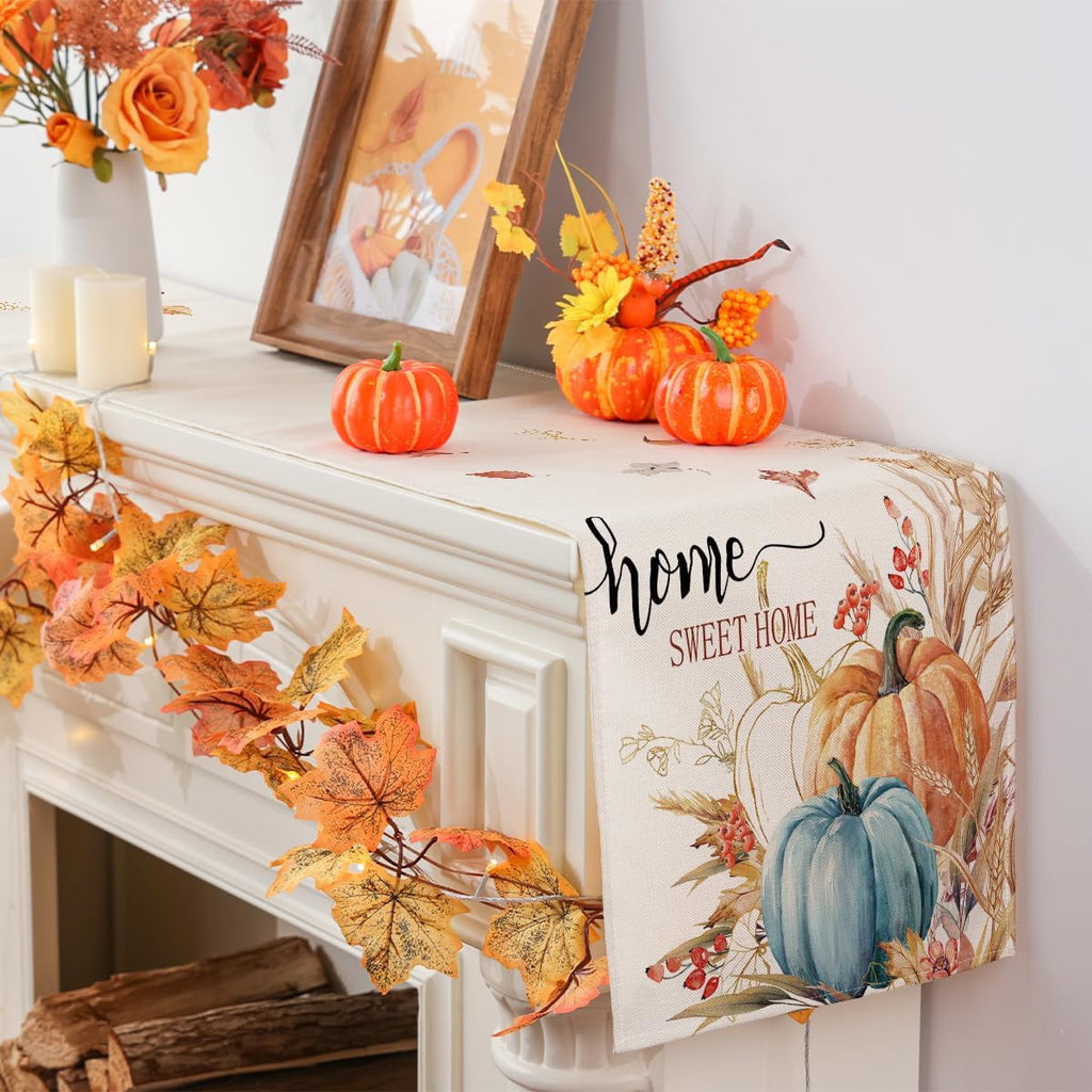 YIBAGA Fall Table Runner Pumpkin Sweet Home Thanksgiving Dining Decoration, 13x72 inch, Polyester